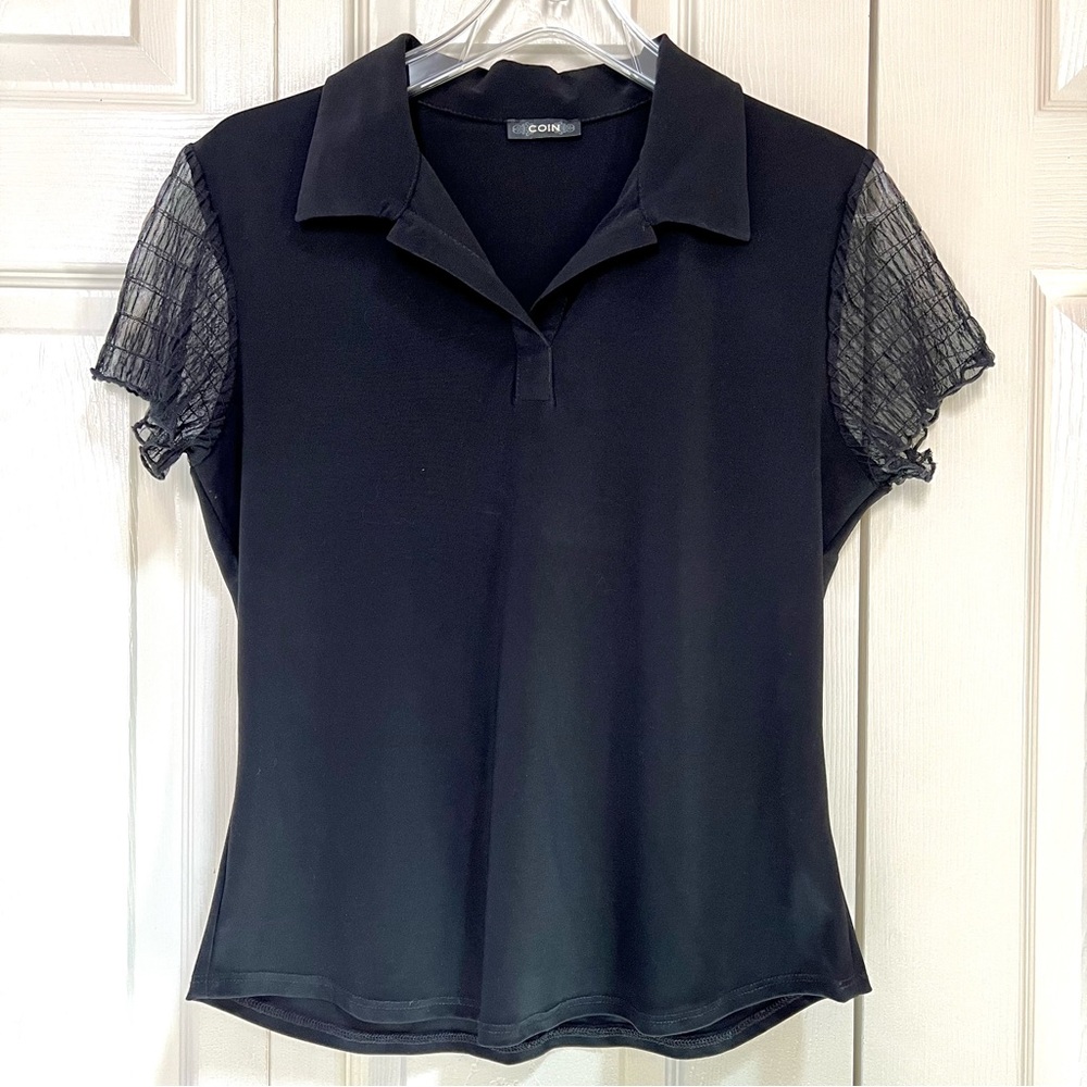Black Collared Polo Shirt w/ Sheer Cap Sleeve S/M